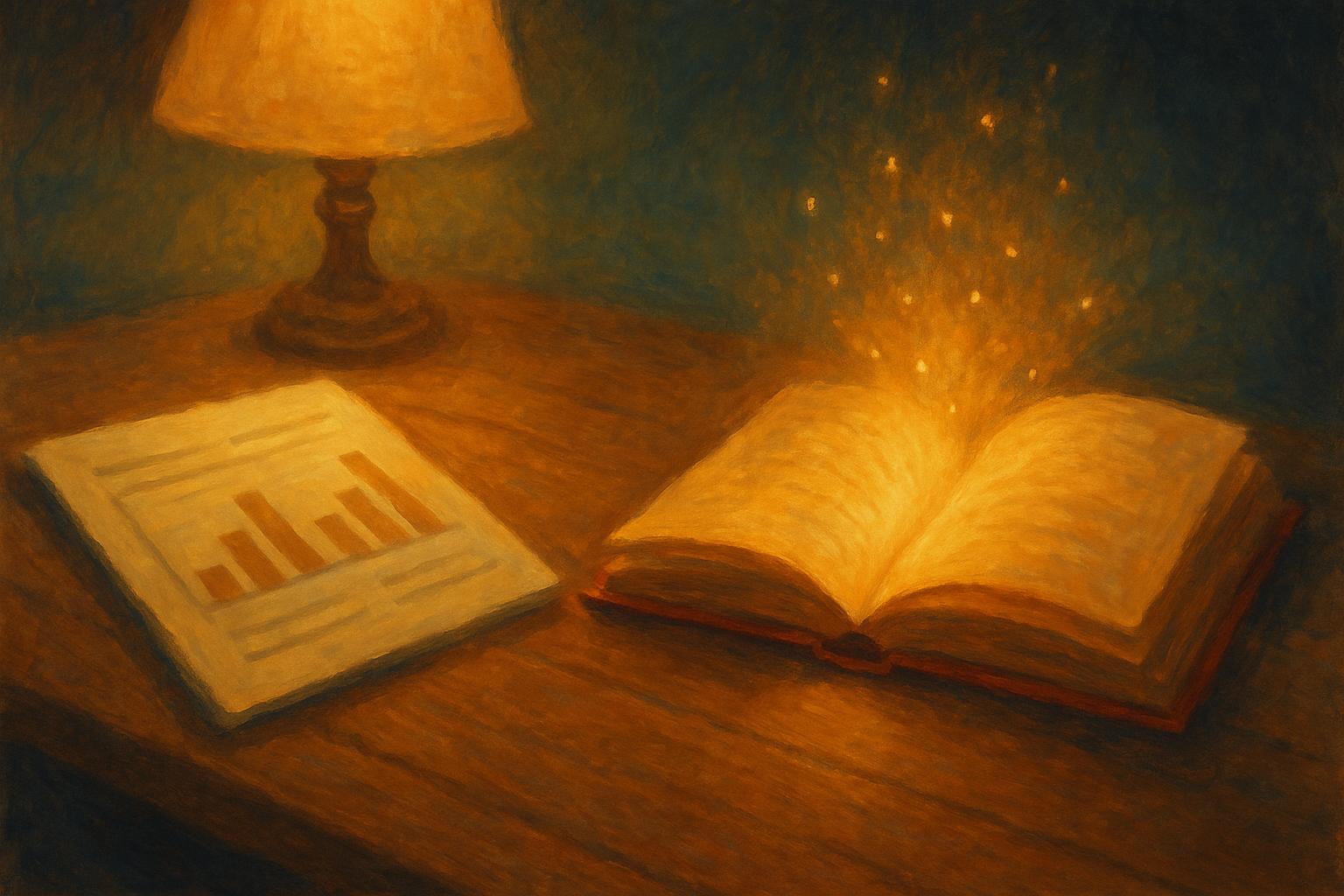 A paper assessment report and a glowing open storybook facing each other on a desk in warm lamplight.