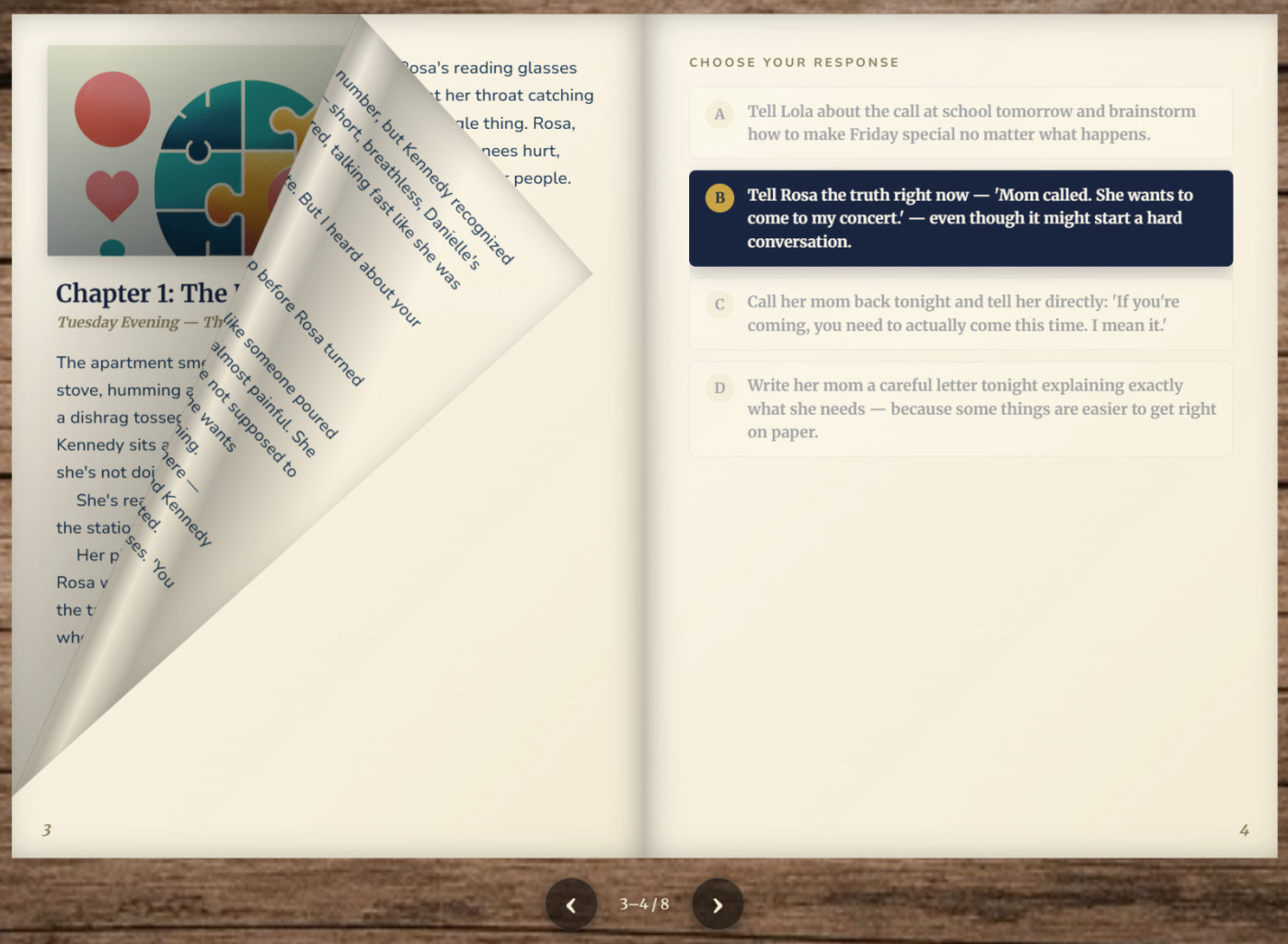 A story-based DISC assessment open mid-story, showing a chapter page and four choose-your-response options.