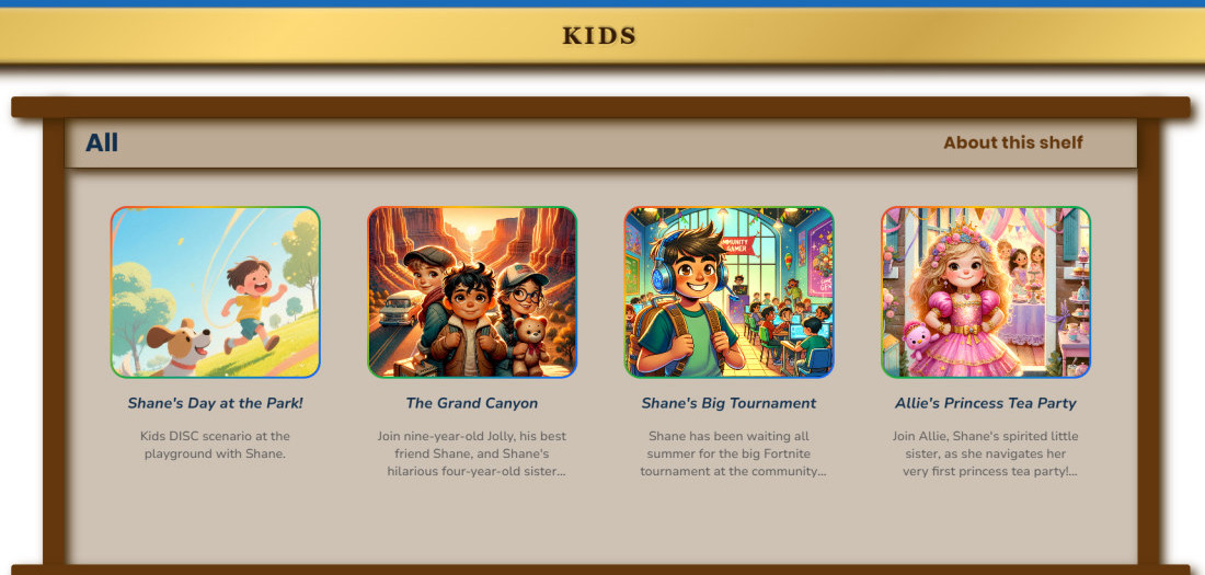 The Kids shelves in The Assessment Library, rows of story-based DISC assessment covers a child can choose from.
