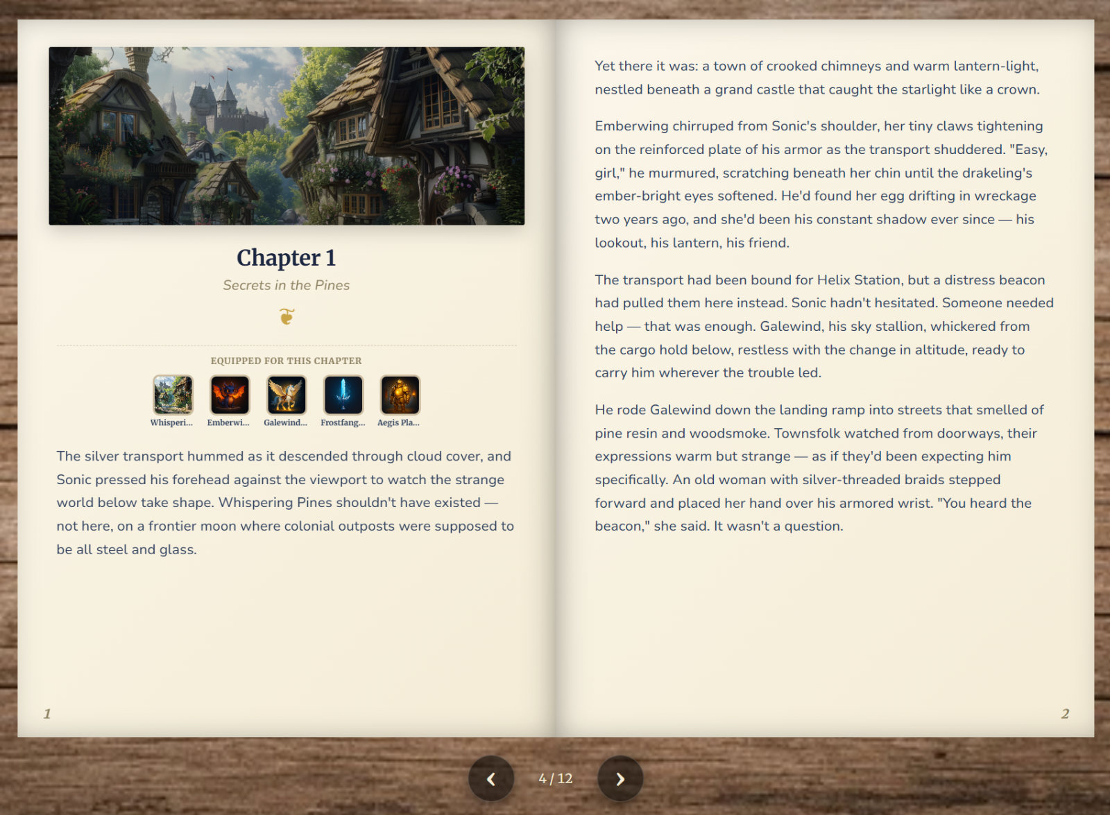 A page from a child's personalized storybook, open to an illustrated Chapter 1 with the collectibles equipped for that chapter.