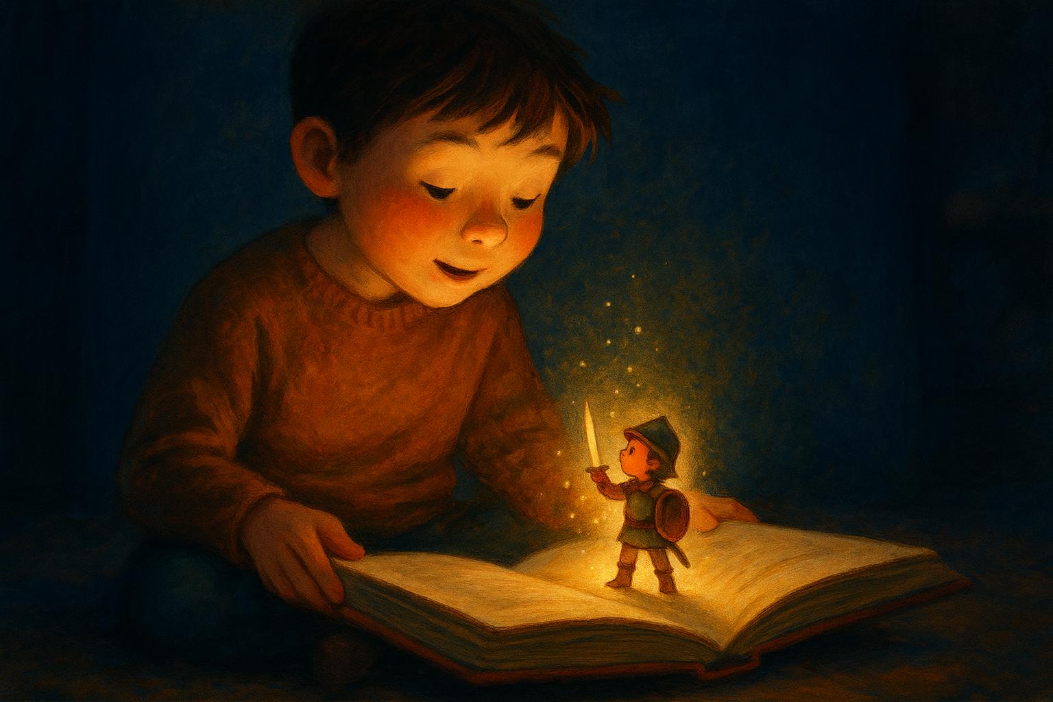A child reading an open storybook while a small glowing hero character stands on its pages, lit by warm golden light.