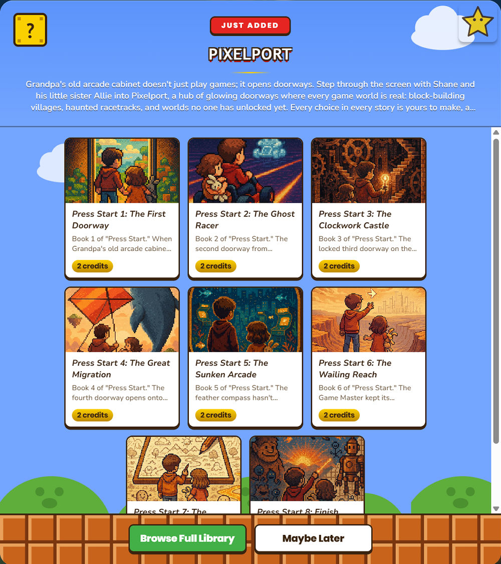 The Pixelport series screen showing all eight Press Start books, each a doorway into a different game world.