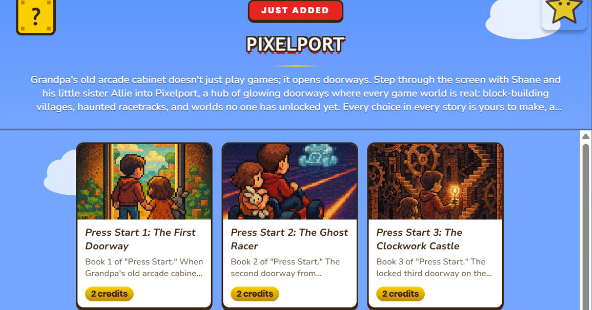 The Pixelport doorway hub showing the Press Start story series, a set of books that unlock one at a time as kids read.