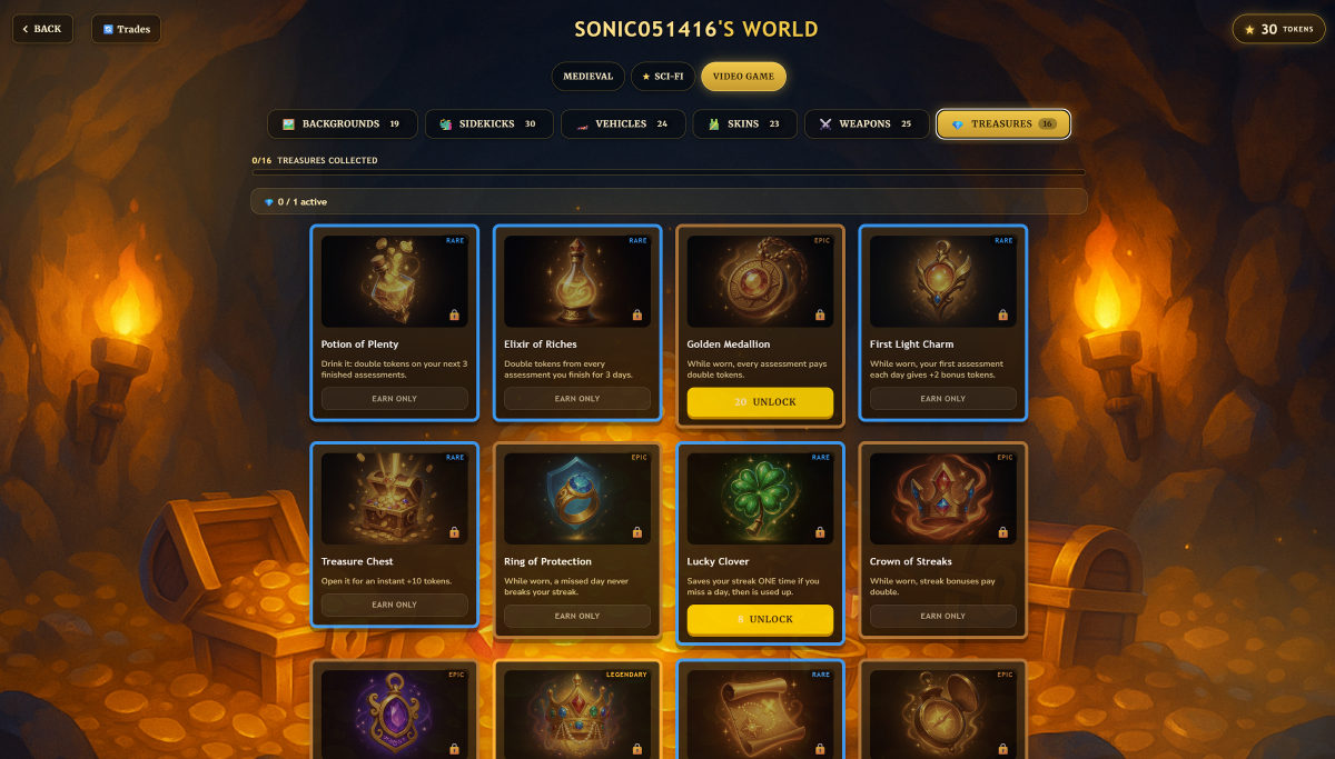 A collection screen of unlockable treasures with rarity tiers, each with an in-game power.