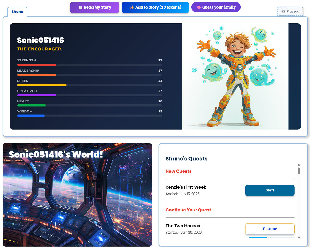 A child's dashboard showing their hero character, personality stats, their own world, and quests.