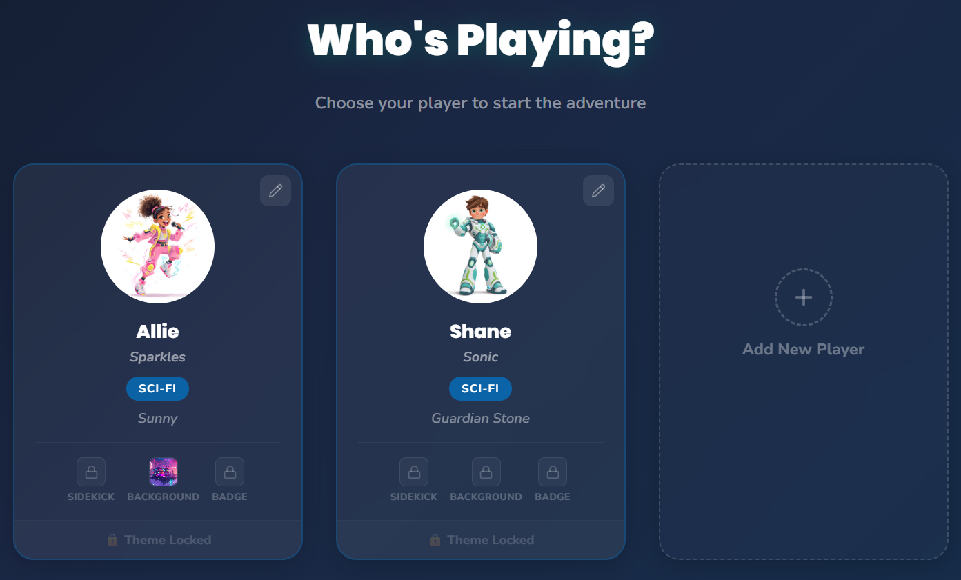 The kids' “Who's Playing?” screen showing two children's game characters, each ready to start their story-based assessment.