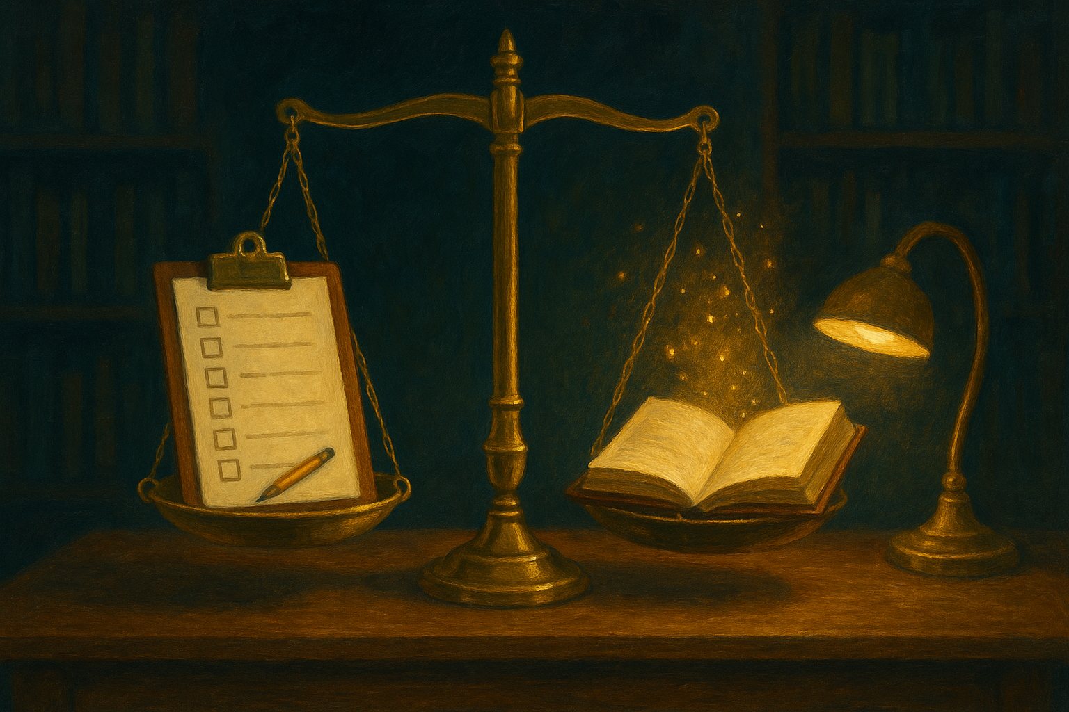 A brass balance scale on a library desk weighing a checklist clipboard against a glowing open storybook, in warm lamplight.