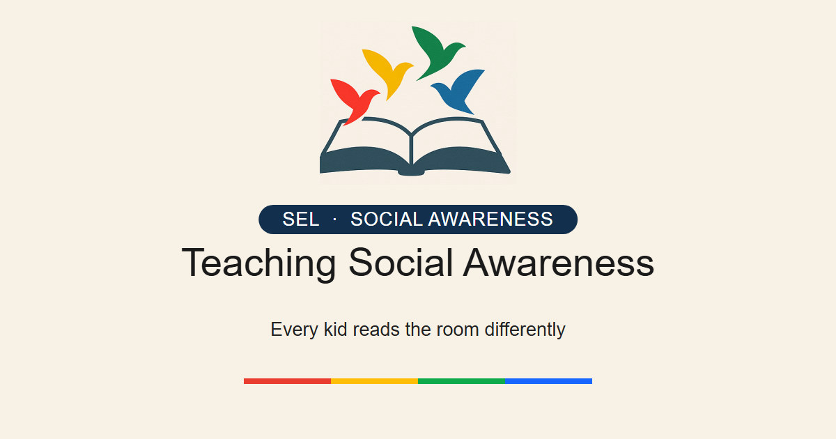 The four DISC-colored birds rising from an open book above the title 'Teaching Social Awareness — every kid reads the room differently.'