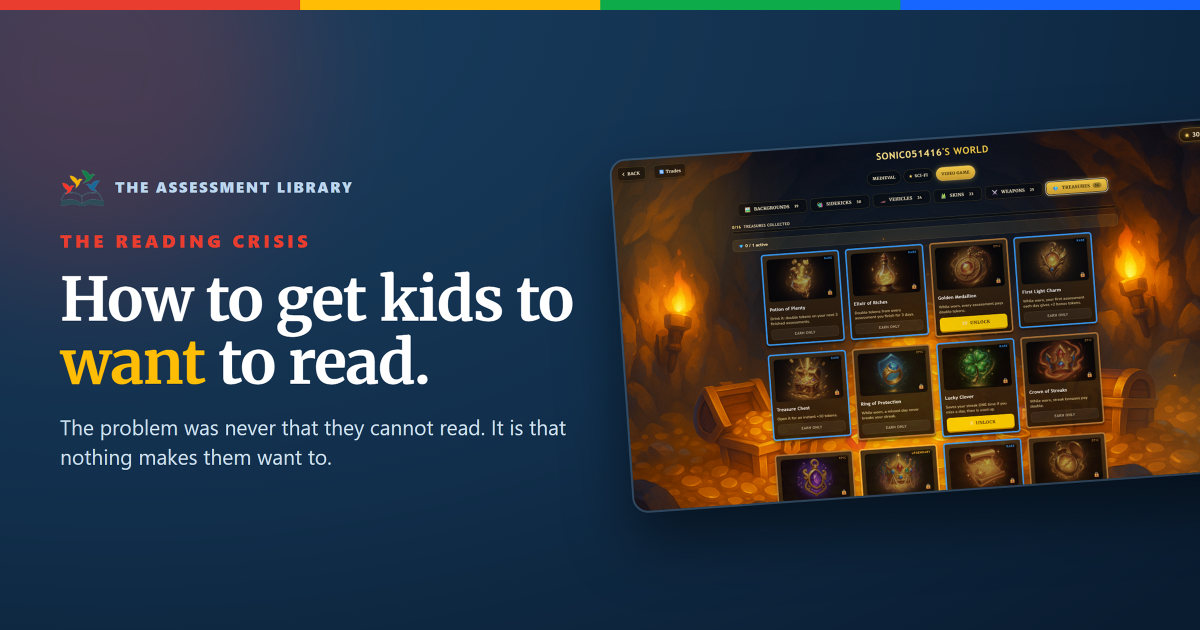 A child's game world of collectible treasures and worlds, earned by reading story-based adventures.