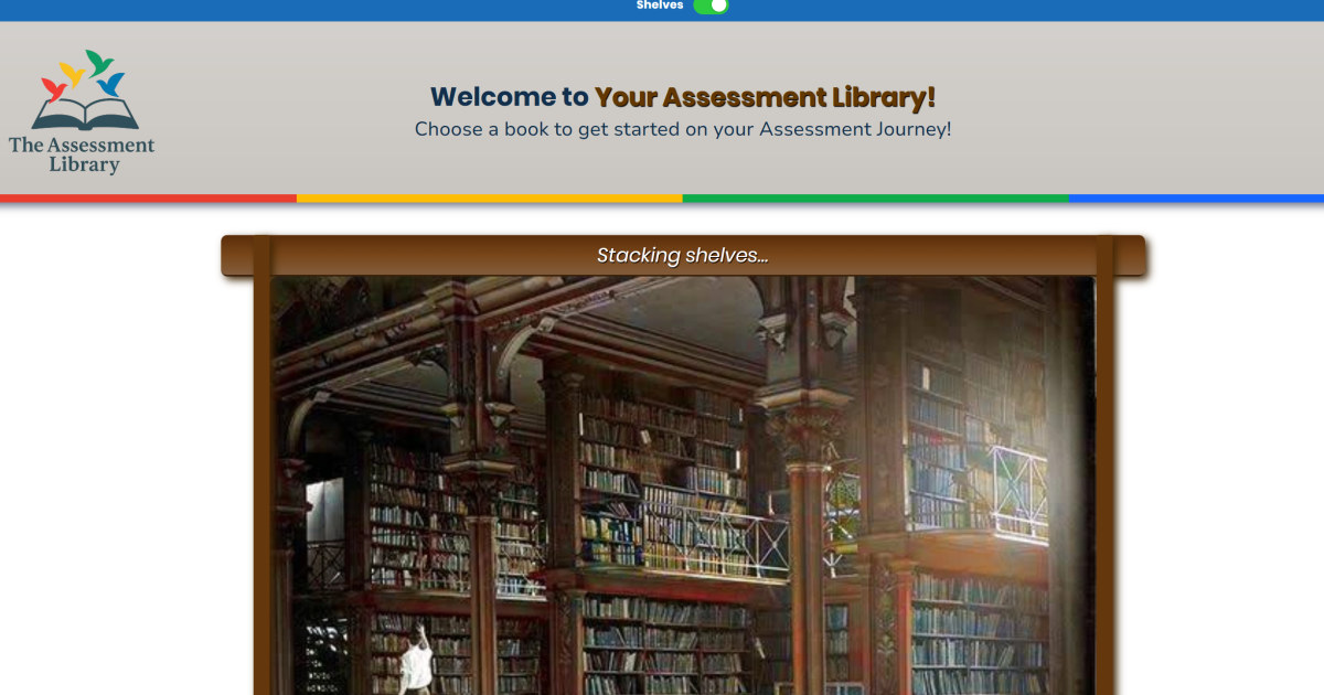 The Assessment Library welcome screen, a shelf of story-based DISC assessments for adults, kids, and beginning readers.