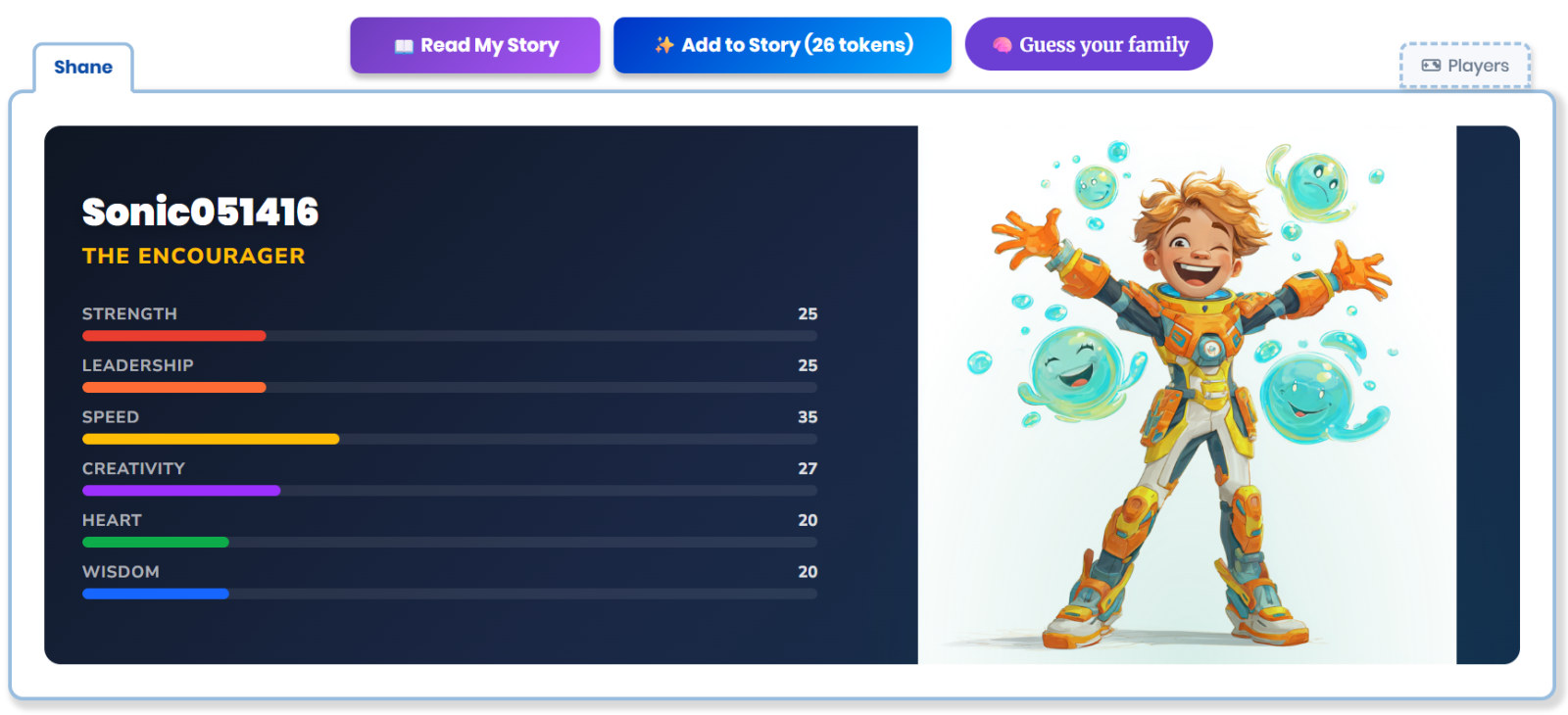 A child's kids-view profile — their character, an archetype ('The Encourager'), and game-style stats like Strength, Speed, and Creativity that grow with every quest.