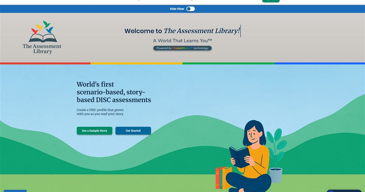 The Assessment Library homepage showing the headline 'World's first scenario-based, story-based DISC assessments' beside an illustration of a woman reading a book on green rolling hills.