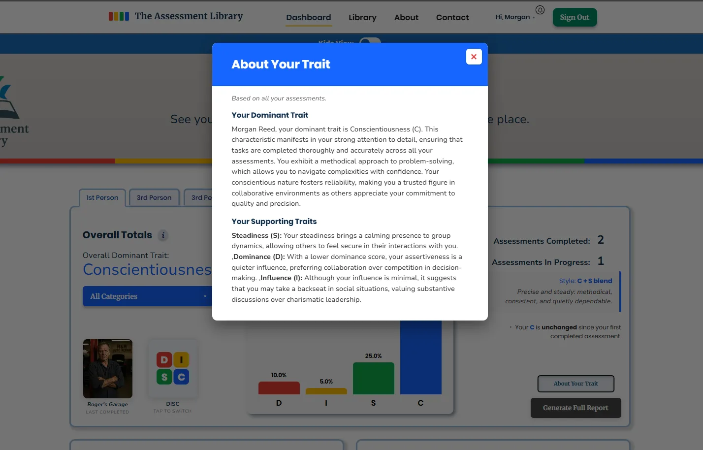 The Assessment Library About Your Trait panel for Morgan Reed, describing Conscientiousness as the dominant trait with Steadiness, Dominance, and Influence as supporting traits